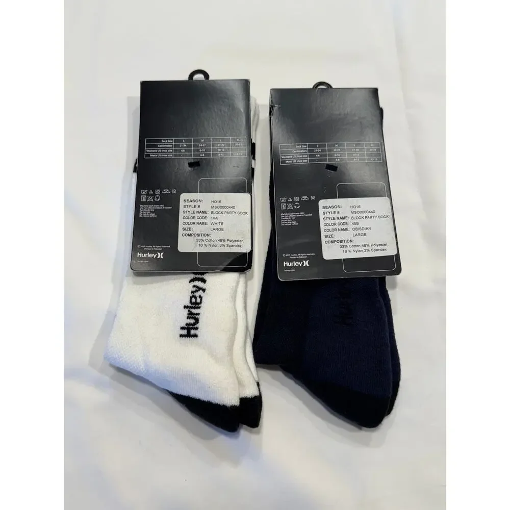 Hurley Block Party Crew Socks‎ 2 Pair Bundle White Obsidian Navy Mens Large 8-12